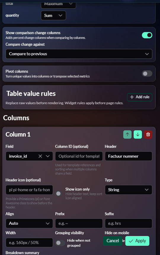 Widget editor met geavanceerde configuratie